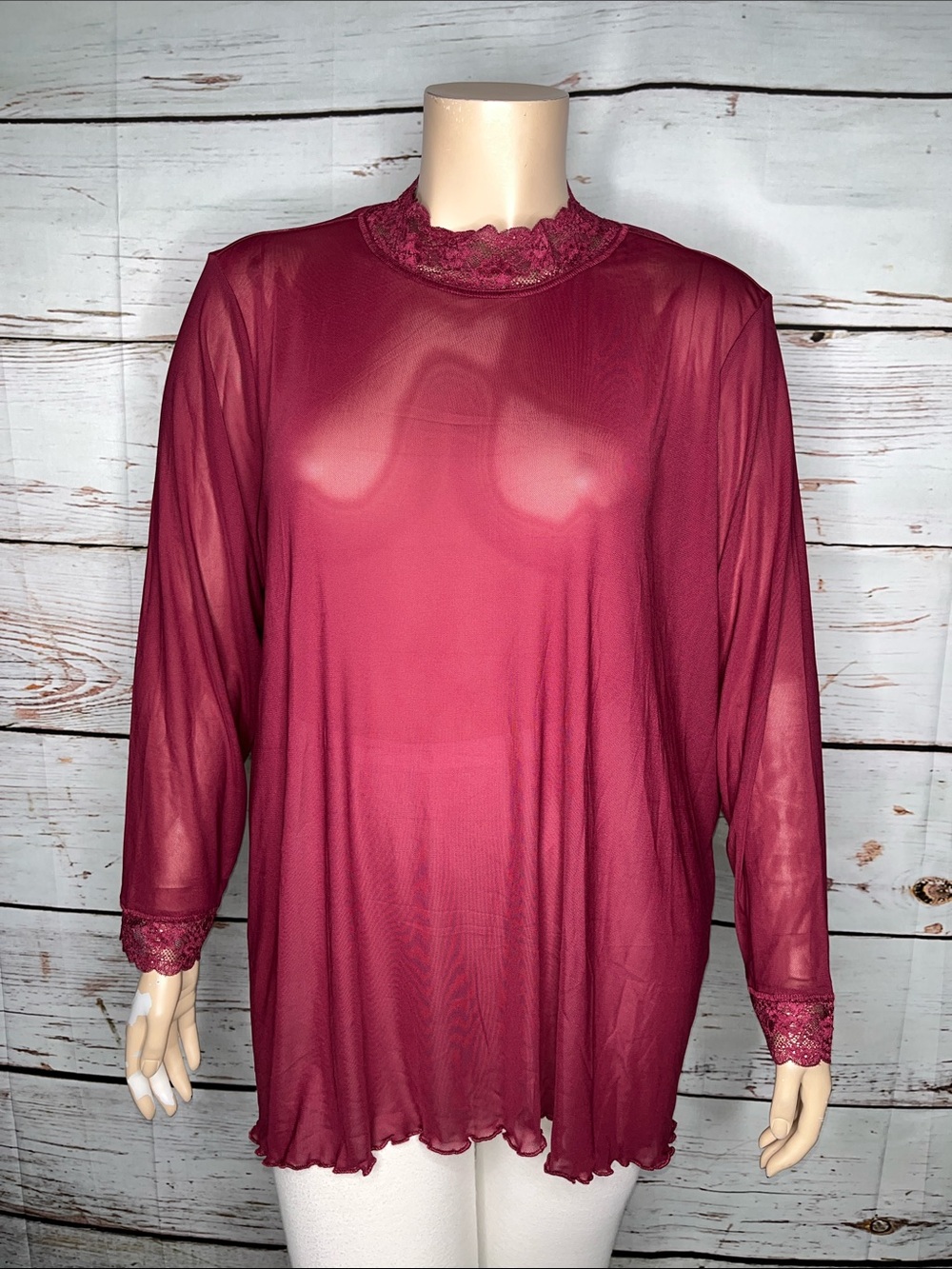 LOGO Layers NWOT Size 4X Raspberry Pink Floral Lace Mock Neck Mesh Blouse Top